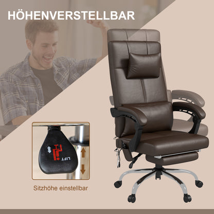 Vinsetto Bürostuhl mit Massagefunktion, Ergonomischer Schreibtischstuhl mit Liegefunktion, Kopfkissen, höhenverstellbar, Braun