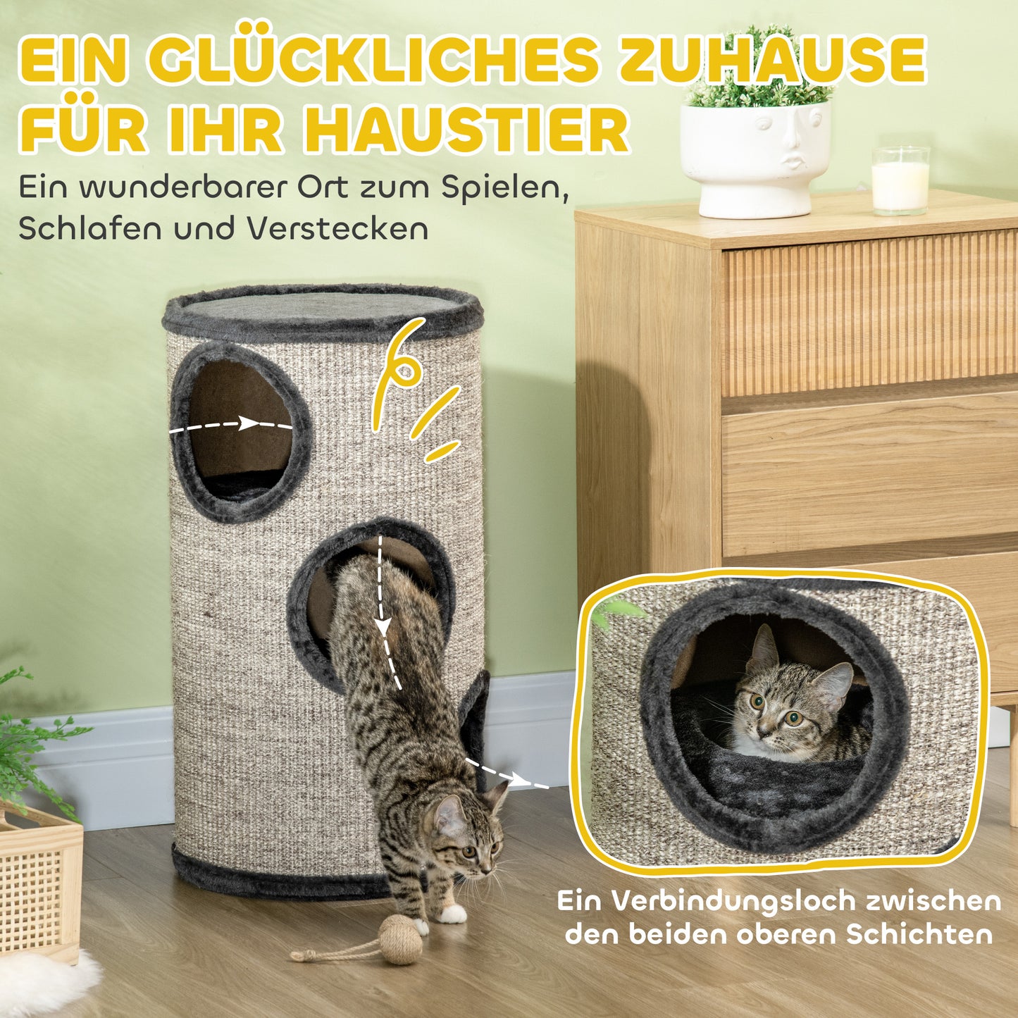 PawHut Kratztonne mit 3 Ebenen, inkl. Kratzfläche aus Sisalseil, Kratztonne für Katzen, 38 cm x 38 cm x 70 cm, Grau