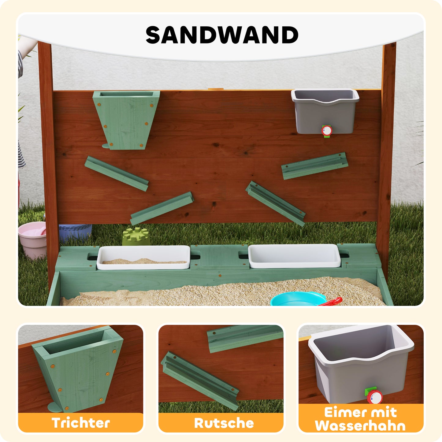 AIYAPLAY Sandkasten mit Sonnendach für Kinder, 2 Aufbewahrungsbehälter, 116L x 112,5B x 128H cm, Tannenholz, Kunststoff, Grün