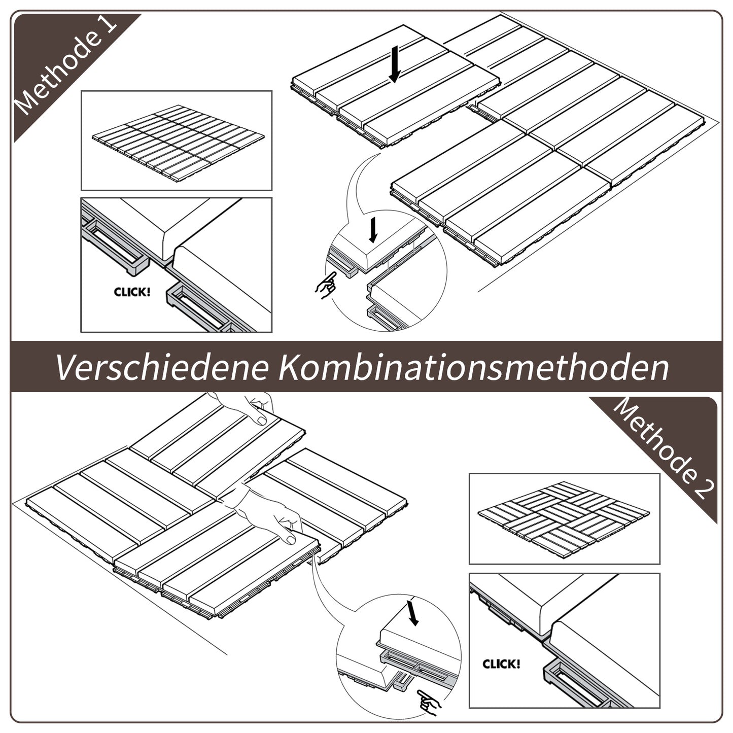 Outsunny Terrassenfliesen 30 x 30 cm 9 Stück 0,81㎡ Klickfliesen Balkonfliesen mit Klicksystem Drainagefunktion Bodenbelag Fliese für Terrasse Balkon Braun