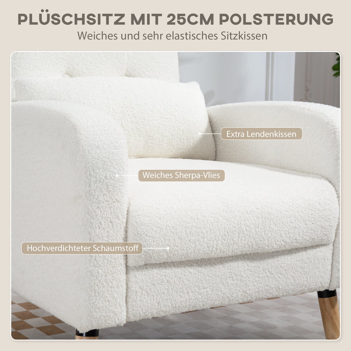 HOMCOM Moderner Armlehnstuhl, Polstersessel mit Kautschukholzbeinen, Lendenkissen, für Wohnzimmer, Schlafzimmer, Büro, Weiß
