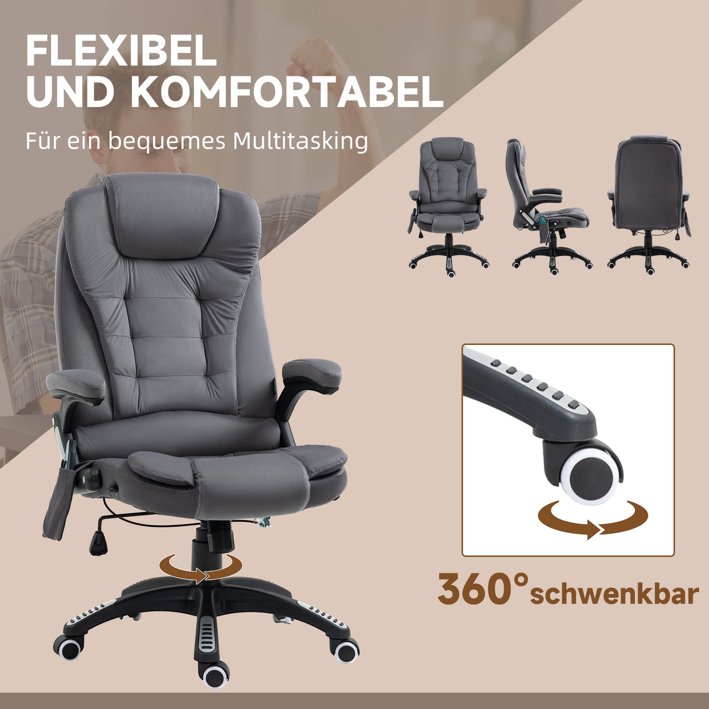 Vinsetto Bürostuhl mit Massage- & Wärmefunktion, ergonomisch, höhenverstellbar, Dunkelgrau