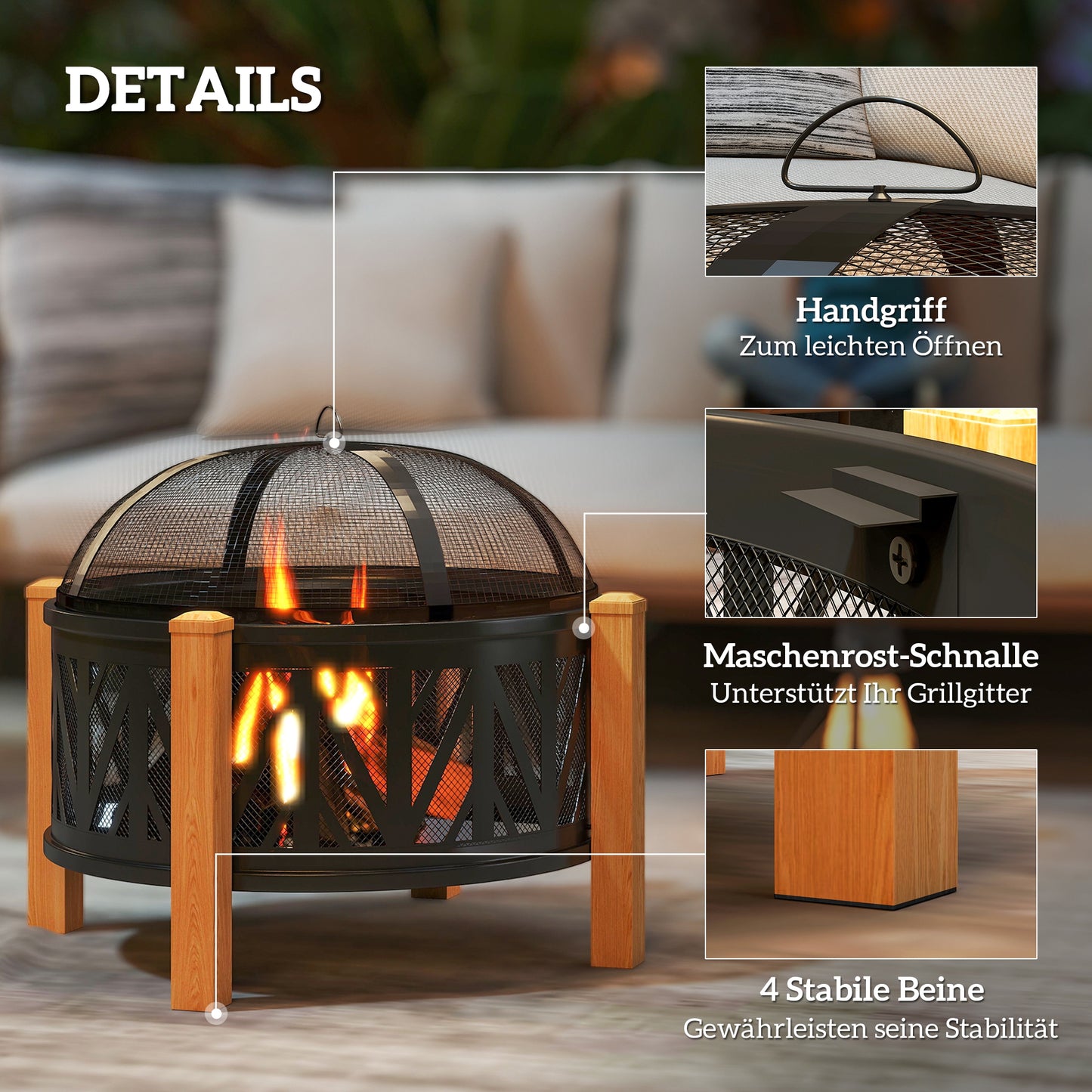 Outsunny 2-in-1 Feuerschale Ø75 x 58 cm Feuerstelle mit Funkenschutz Schürhaken Grillrost Schwarz