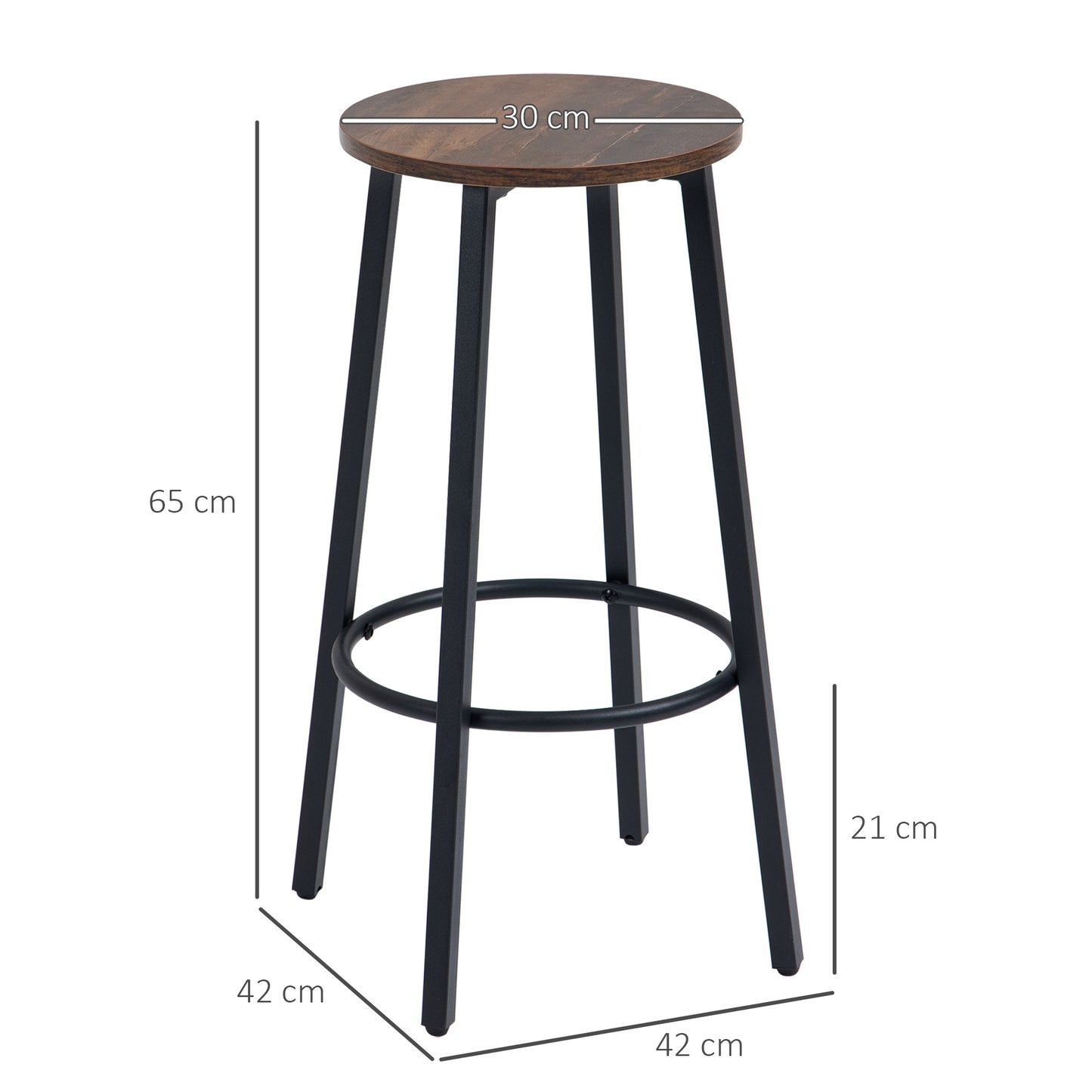 HOMCOM Barhocker-Set aus 2 Barstühlen im Industrial Design, Metallrahmen, Fußstütze, 42 x 42 x 65 cm