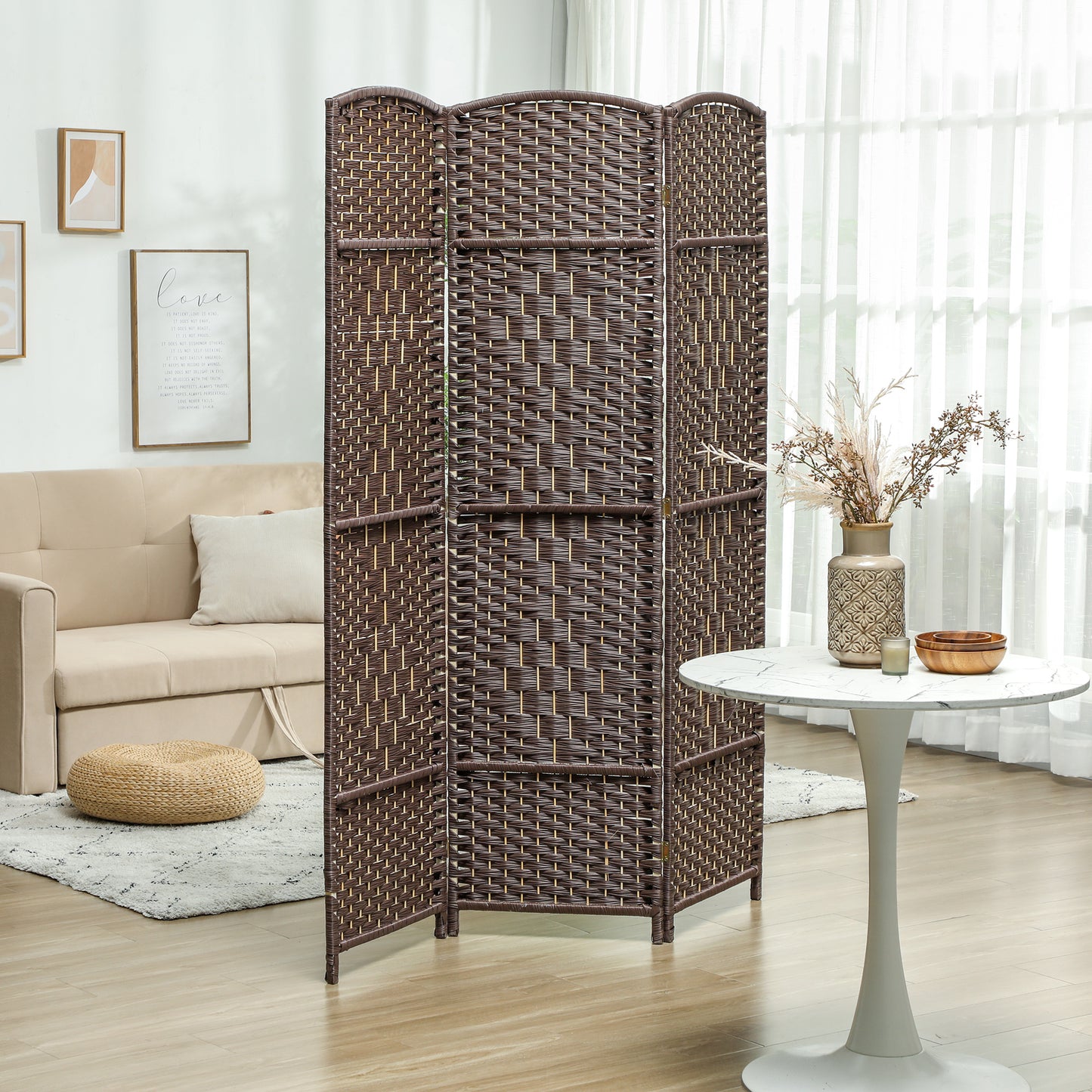 HOMCOM Raumteiler، 3-teilig faltbare Trennwand، Geflechtmuster، Kiefernholz، Braun