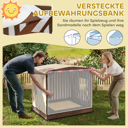 AIYAPLAY Sandkasten, Sandkiste mit Vordach und Netztür, Sitzbänke, Bodenschutz, Braun