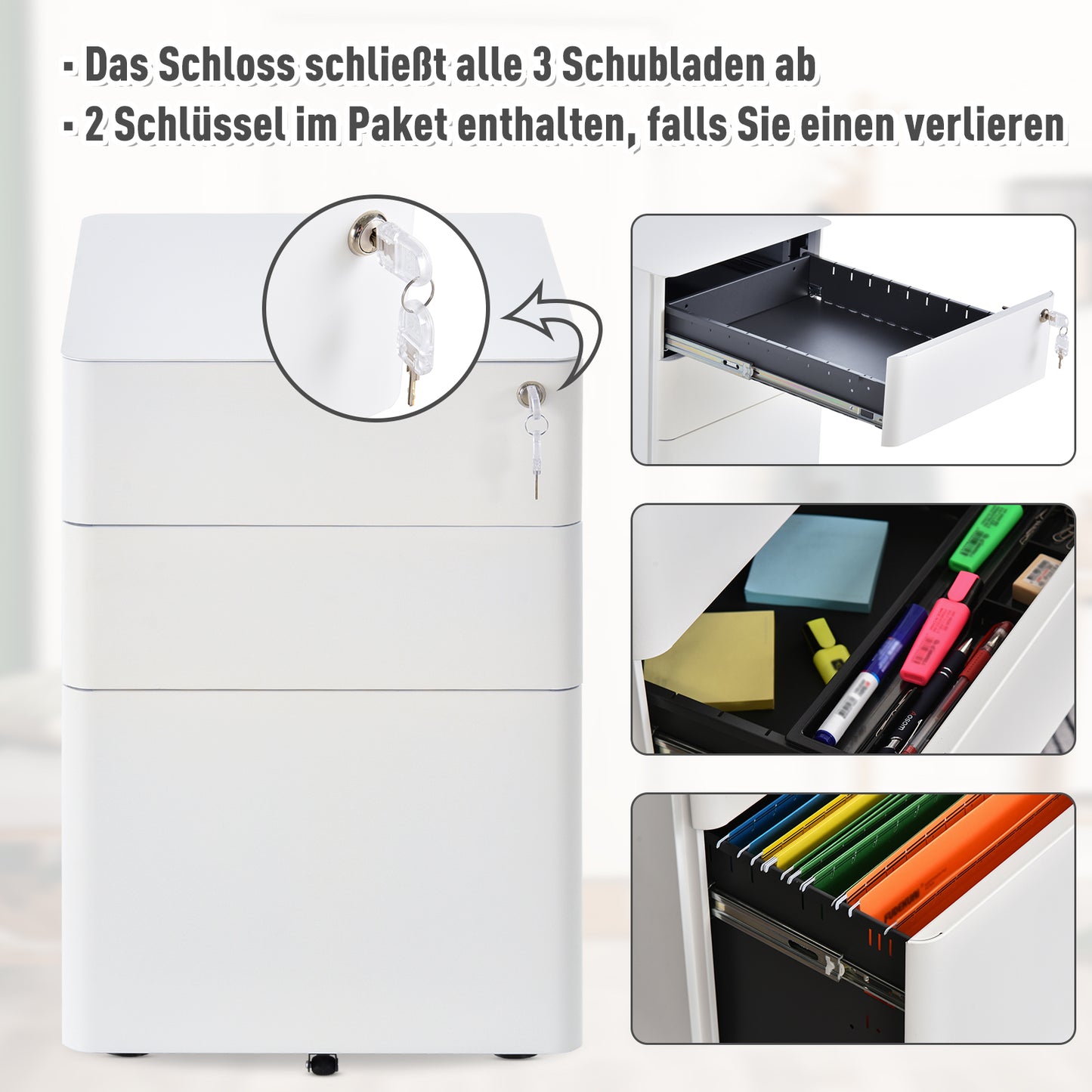 Vinsetto Rollcontainer mit 3 Schubladen mobiler Aktenschrank mit Rollen abschließbar Büroschrank mit Hängeregistratur Stiftfach, Bürocontainer für Büro, Homeoffice, 39 x 48 x 59 cm Weiß