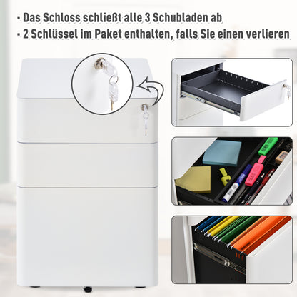 Vinsetto Rollcontainer mit 3 Schubladen mobiler Aktenschrank mit Rollen abschließbar Büroschrank mit Hängeregistratur Stiftfach, Bürocontainer für Büro, Homeoffice, 39 x 48 x 59 cm Weiß