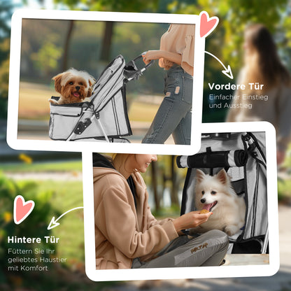 PawHut Hundewagen Hundebuggy bis 10 kg Klappbar Bodenkorb 2 Becherhalter verstellbares Vordach Grau