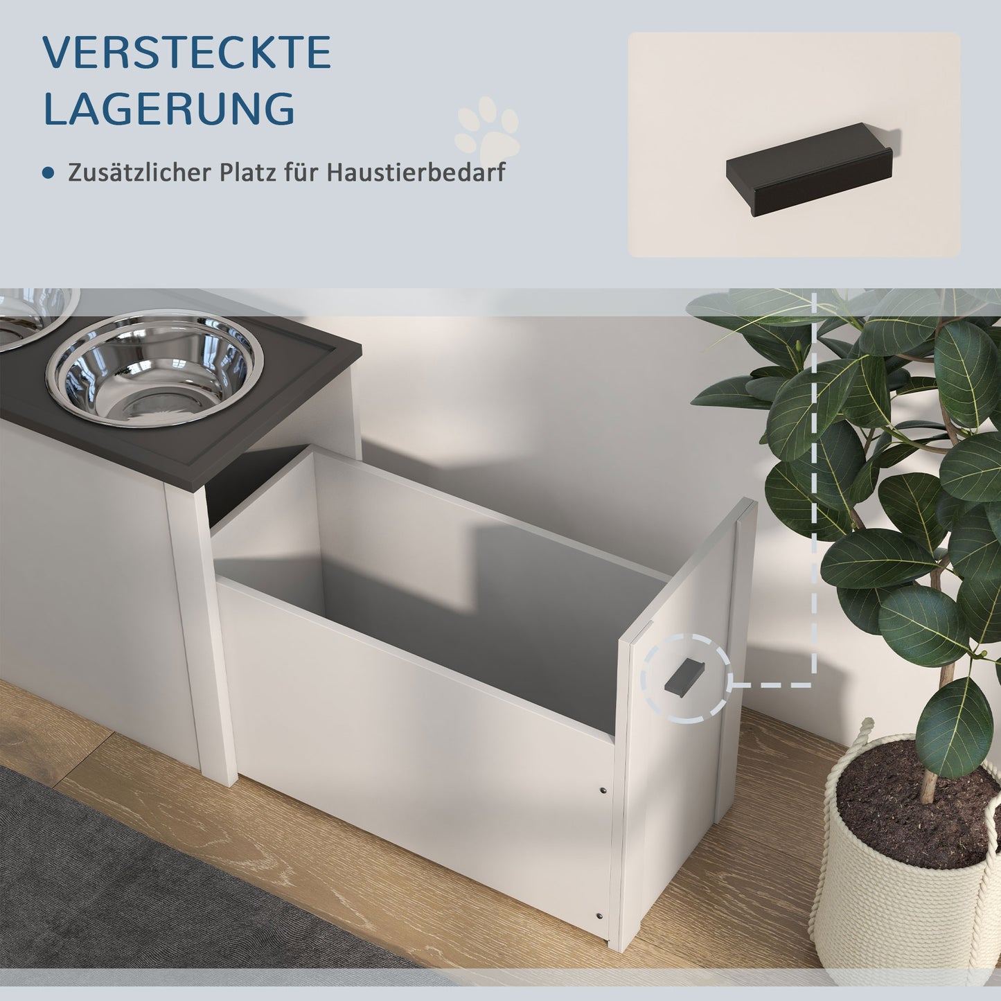 PawHut Futterstation Erhöhte Fressnäpfe 1 Stauraum 2 Edelstahl-Futternäpfe, 60 x 30 x 42cm, Weiß + Grau