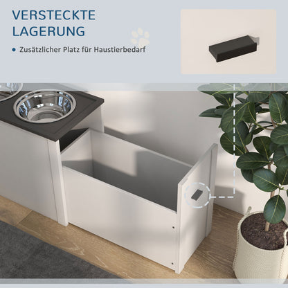 PawHut Futterstation Erhöhte Fressnäpfe 1 Stauraum 2 Edelstahl-Futternäpfe, 60 x 30 x 42cm, Weiß + Grau