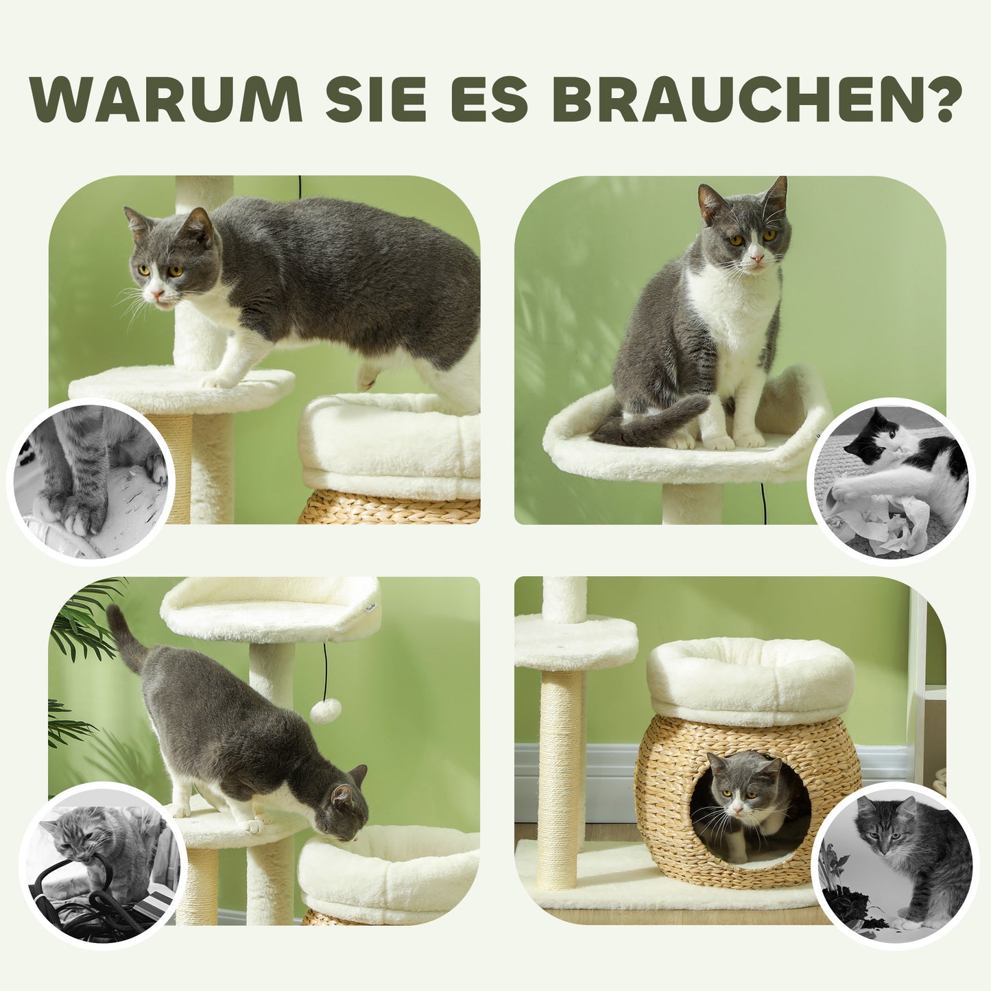 PawHut Kratzbaum mit Katzenhöhle, Spielball und Plattform, Schilfrohr/Sisal, bis 10 kg, 60 x 40 x 79 cm, Cremeweiß