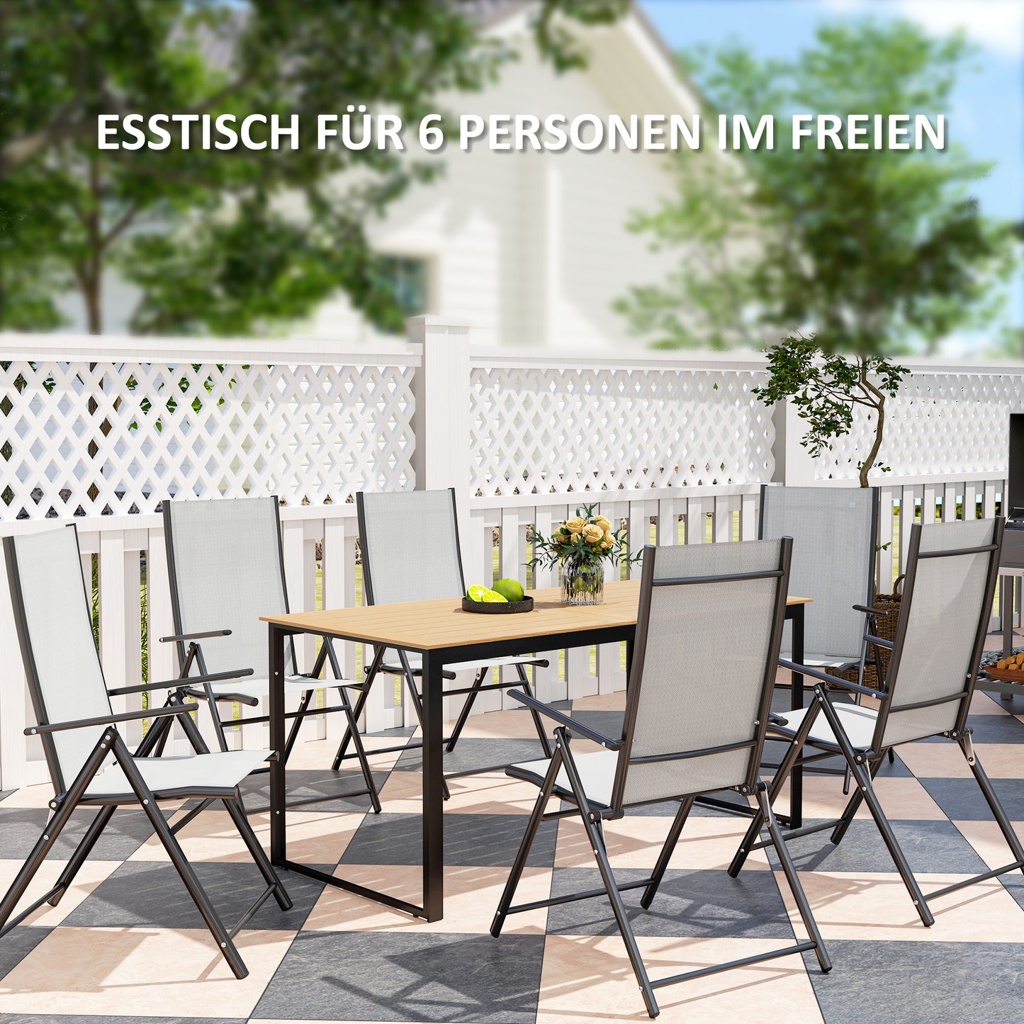 Outsunny Gartentisch für 6 Personen 160 x 80 cm Wetterfest Balkontisch mit Lamellen-Tischplatte, Buffettisch Outdoor Teak