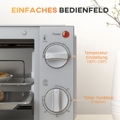 HOMCOM Minibackofen, 9 L Mini-Ofen mit Backblech, Grillrost, mit einstellbarer Temperatur und Garzeit, Edelstahl, Silber