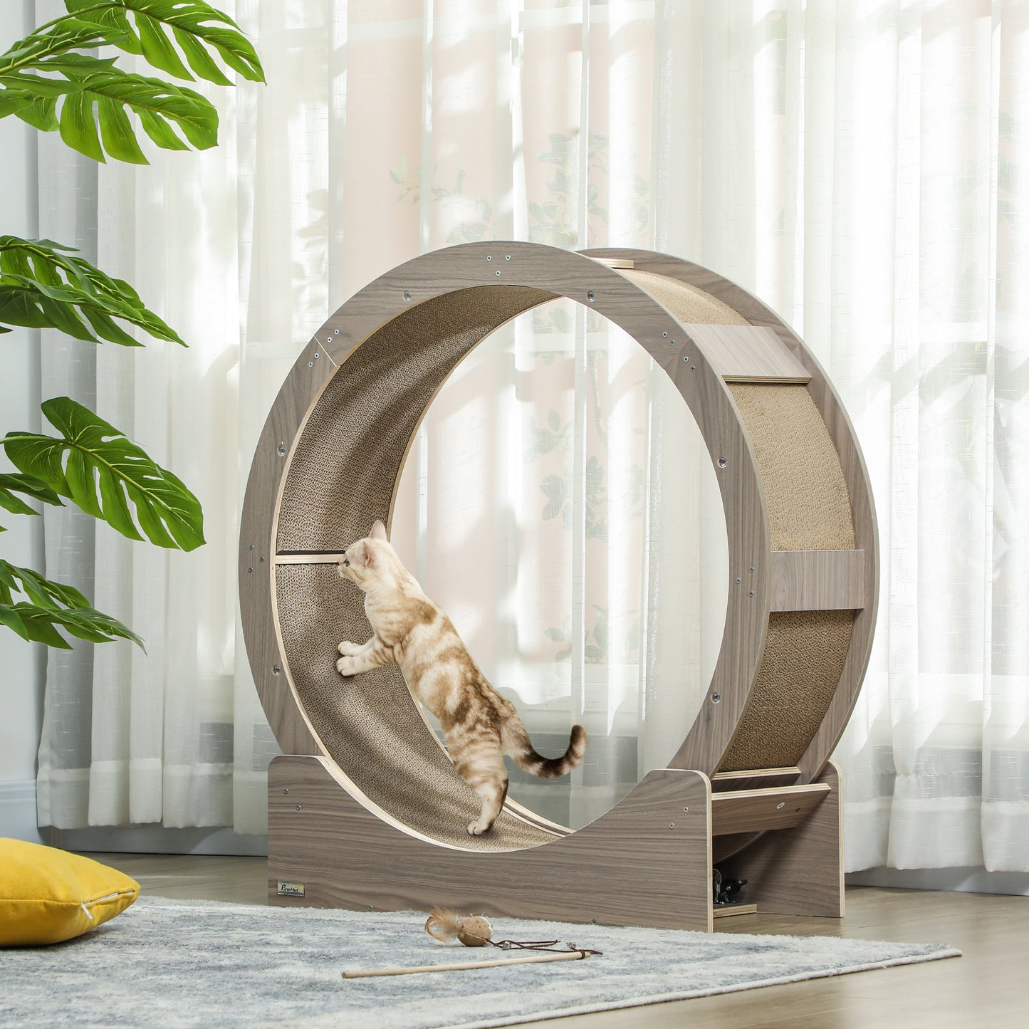 PawHut Katzenlaufrad, Laufrad für Katzen, 91 cm, mit Bremse, Kratzmatte, Katzenrad für gesunde Bewegung, Walnuss