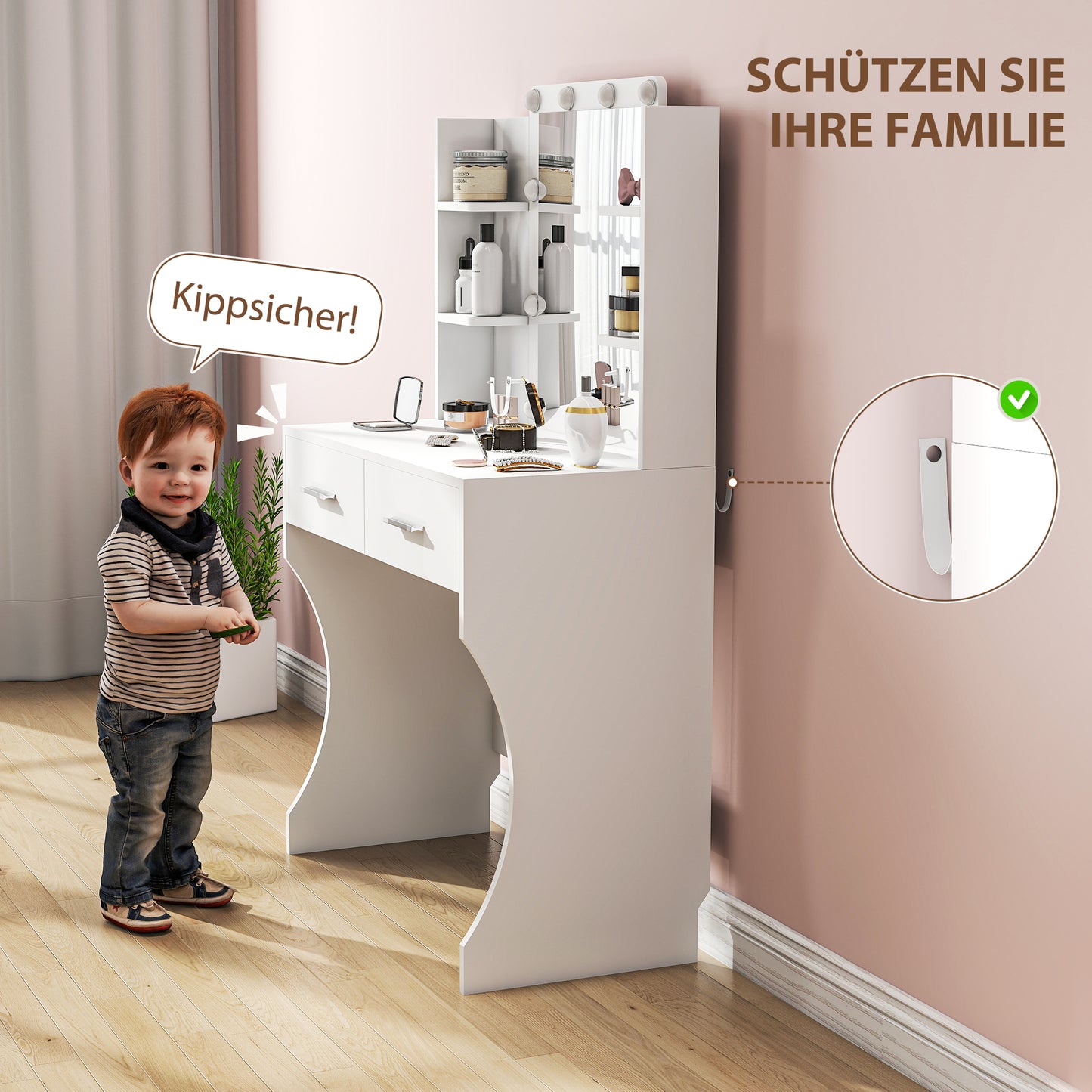 HOMCOM Schminktisch mit Spiegel und dimmbaren LED-Lampen, Schubladen, Regale, Weiß