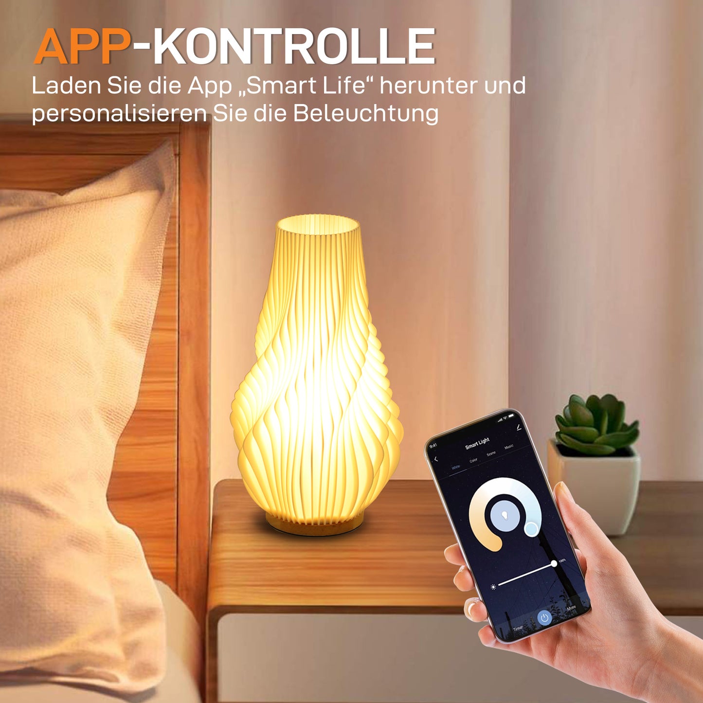HOMCOM Smart Tischlampe mit App-Steuerung, Alexa-kompatibel, Kunststoff, Holz, Weiß