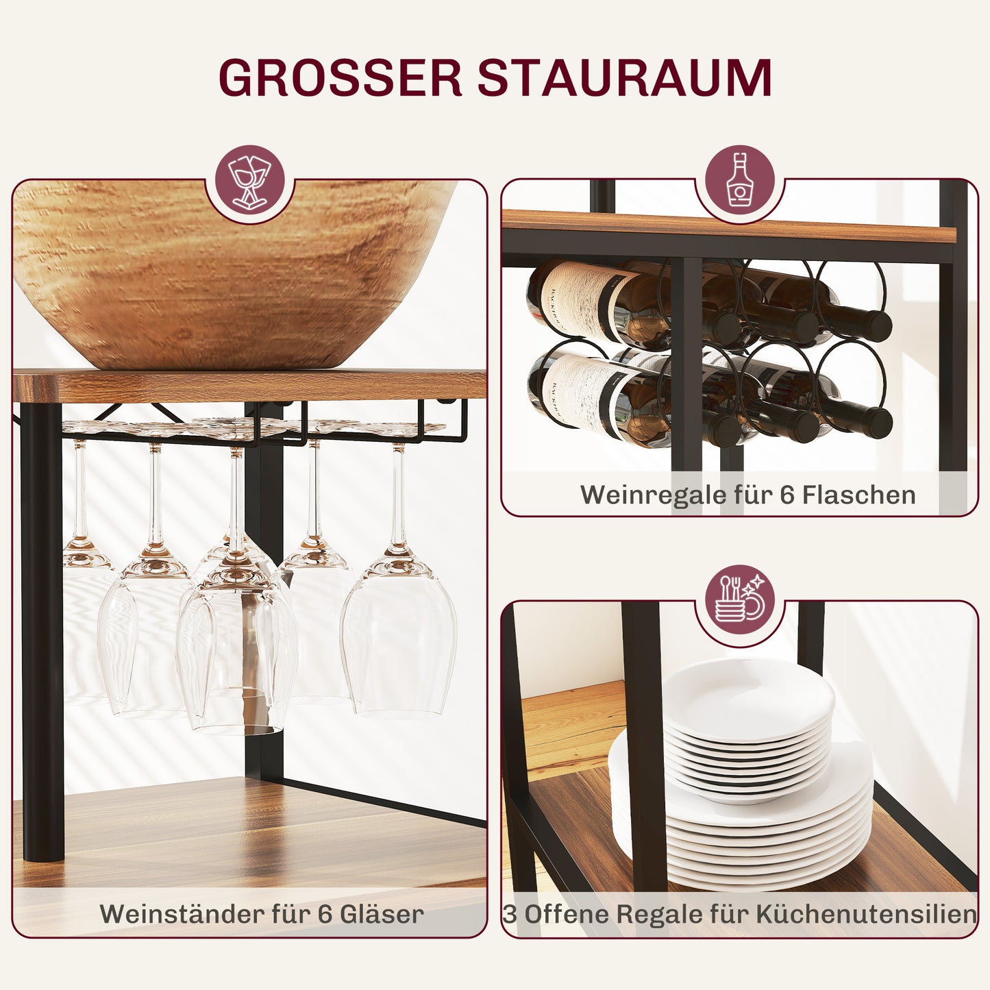 HOMCOM 3-teiliges Bartisch-Set, 1 Bartisch, 2 Stühle, mit Weinregal, Glashalter, Offene Regale, Fußstützen, Braun