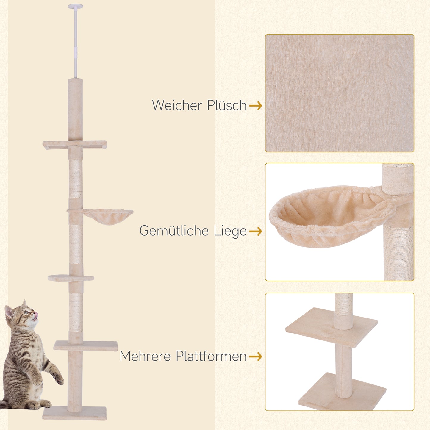 PawHut Kratzbaum Deckenhoch höhenverstellbar, stabiler Katzenbaum mit Sisalsäulen, Katzen Kletterbaum, Beige, 40 x 34 x 230-260 cm