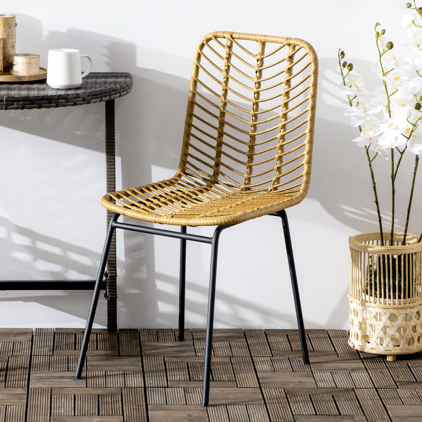 HOMCOM 2er-Set Esszimmerstühle im Boho-Stil, Akzentstuhl, PE-Rattan, 44 cm x 58 cm x 85 cm, Natur + Gelb