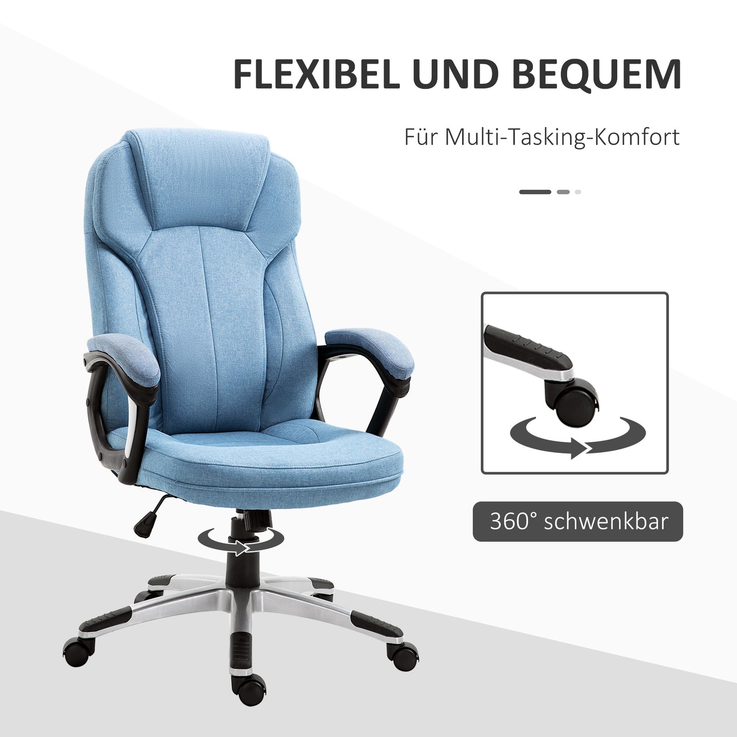 Vinsetto Bürostuhl Computerstuhl Drehstuhl höhenverstellbar Wippfunktion mit Kopfstütze und gepolsterte Armlehnen Ergonomisch Hellblau Leinen 66 x 75 x 110–120 cm