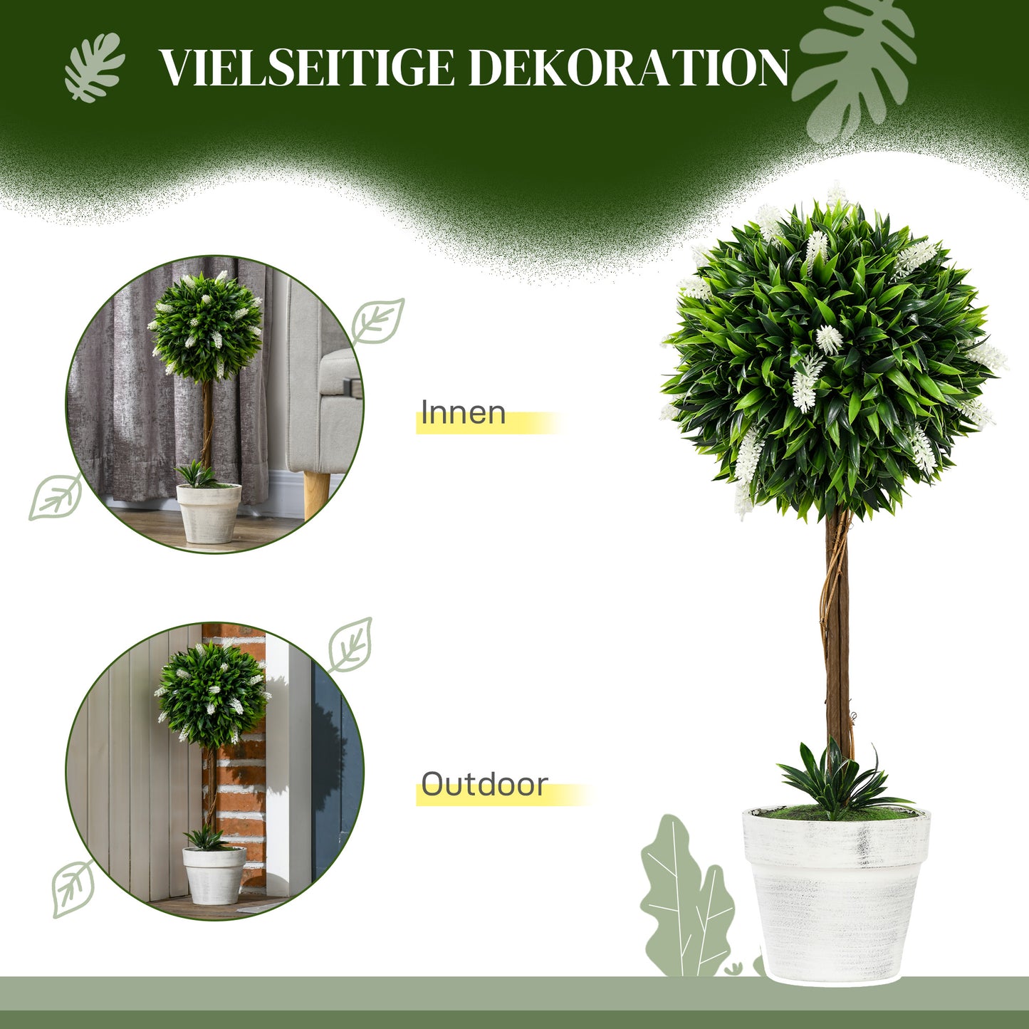 HOMCOM 2er-Set Lavendel Kunstbaum, 60 cm hoch, inkl. Topf und Kunstmoos, Weiß