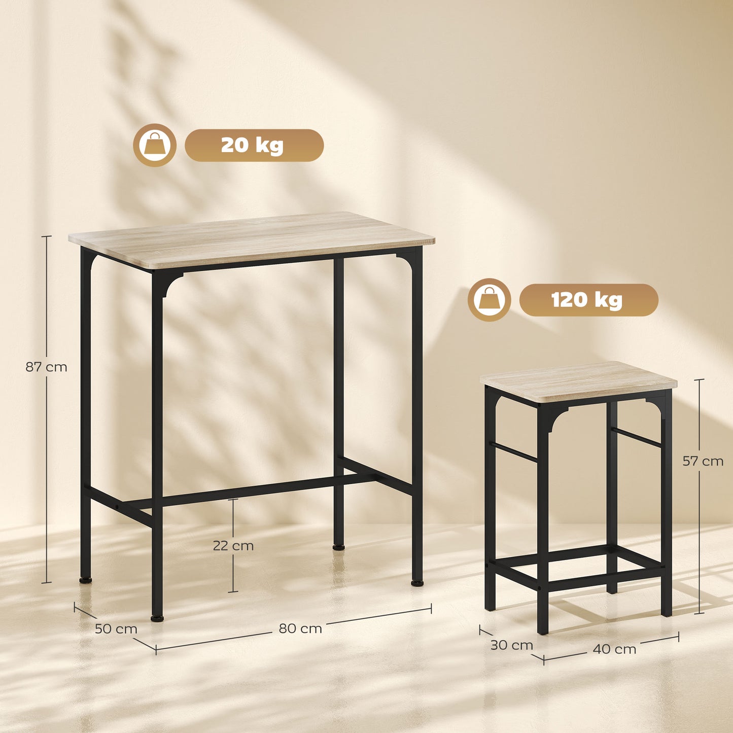 HOMCOM Bartisch Set Bartisch mit Barhocker-Set Esstisch mit 2 Stühlen mit Rutschfestem Fußpolster Naturholz