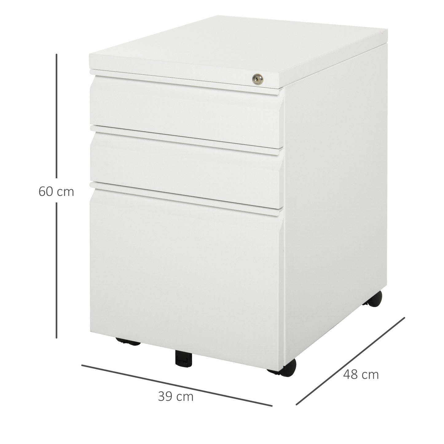 HOMCOM Rollcontainer mit 3 Schubladen mobiler Aktenschrank mit Rollen abschließbar Büroschrank mit konkavem Griff, Schubladenschrank für Büro, Homeoffice, 39 x 48 x 60 cm, Weiß