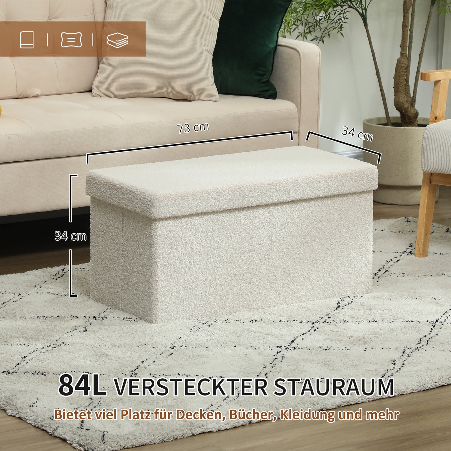 HOMCOM Aufbewahrungshocker, Polsterbank mit Stauraum und Deckel für Wohnzimmer, Schlafzimmer, Flur, Cremeweiß