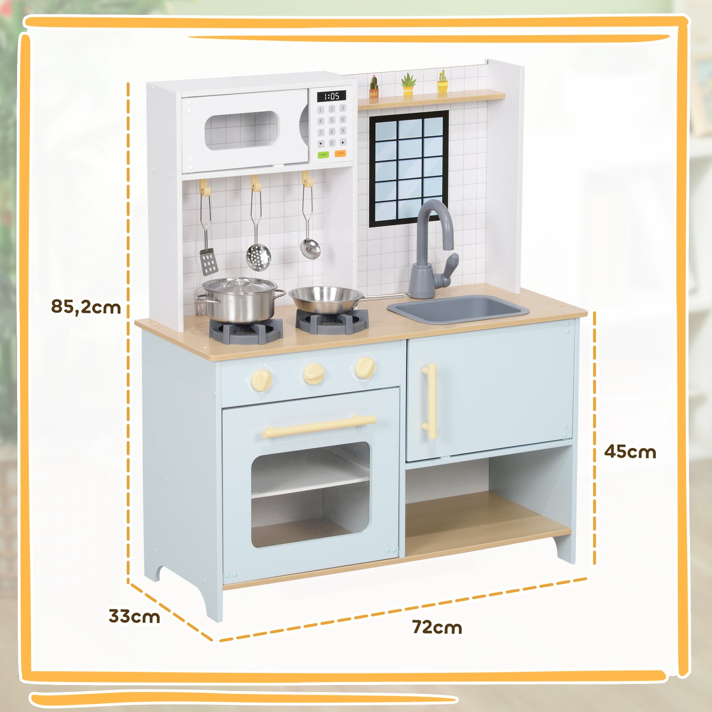 AIYAPLAY Spielküchen-Set, Kinderküche zum Spielen mit Mikrowelle, Herd und Backofen, Kochutensilien, MDF, Edelstahl, Blau