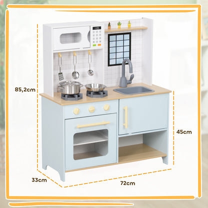 AIYAPLAY Spielküchen-Set, Kinderküche zum Spielen mit Mikrowelle, Herd und Backofen, Kochutensilien, MDF, Edelstahl, Blau
