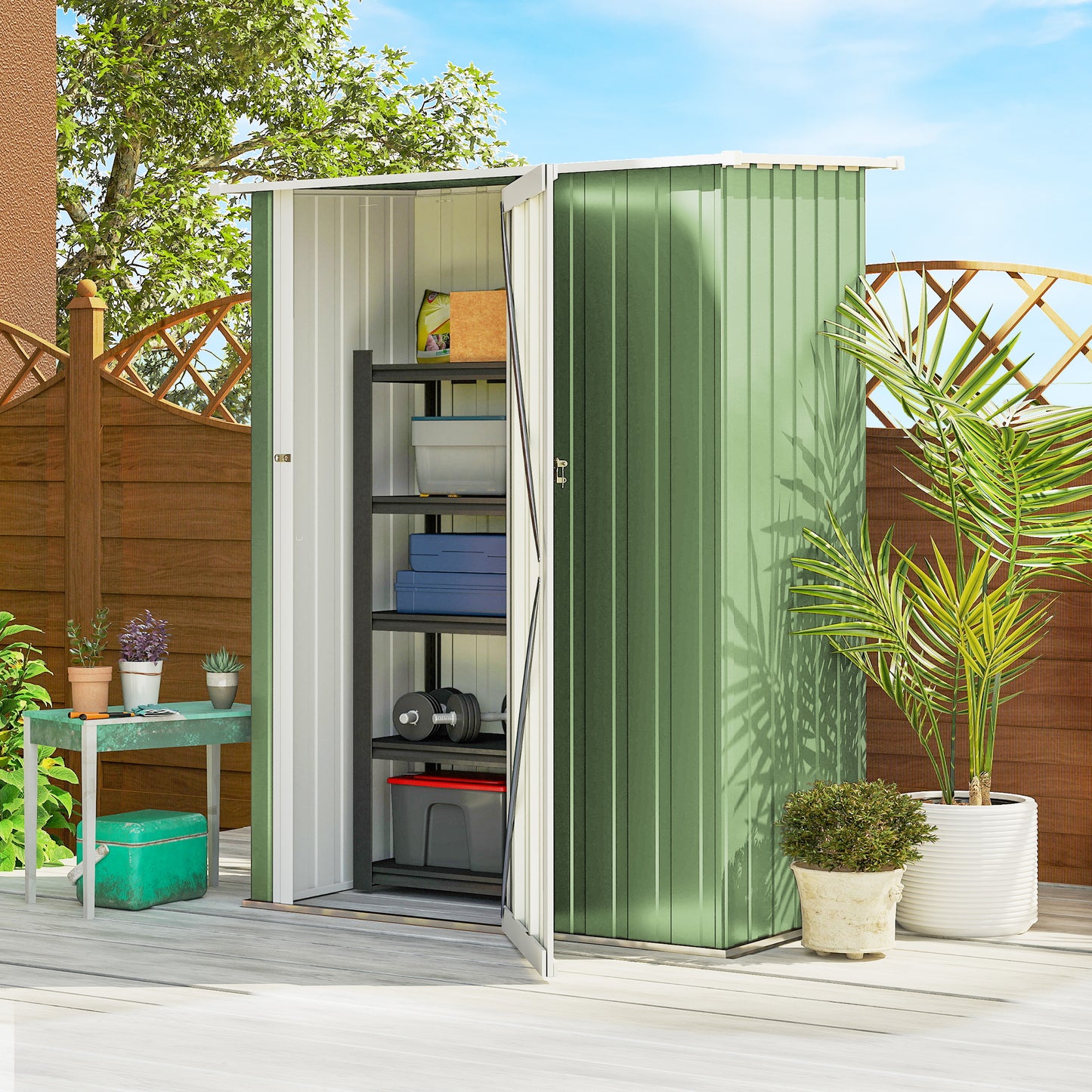 Outsunny Metall Gerätehaus 1,07 m² mit Schrägdach, 142 x 84 x 189 cm Geräteschuppen mit abschließbar Tür, Garten Schuppen, Gartenhaus Grün
