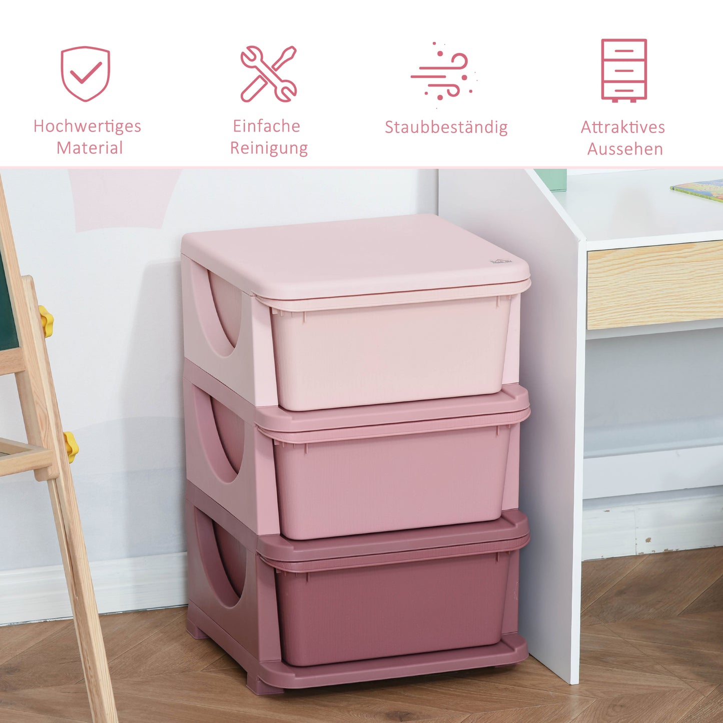 HOMCOM Aufbewahrungsboxen für Kinder، 3 Schubladen، abgerundete Kanten، erhöhtes Design، 37x37x56,5 سم، روزا