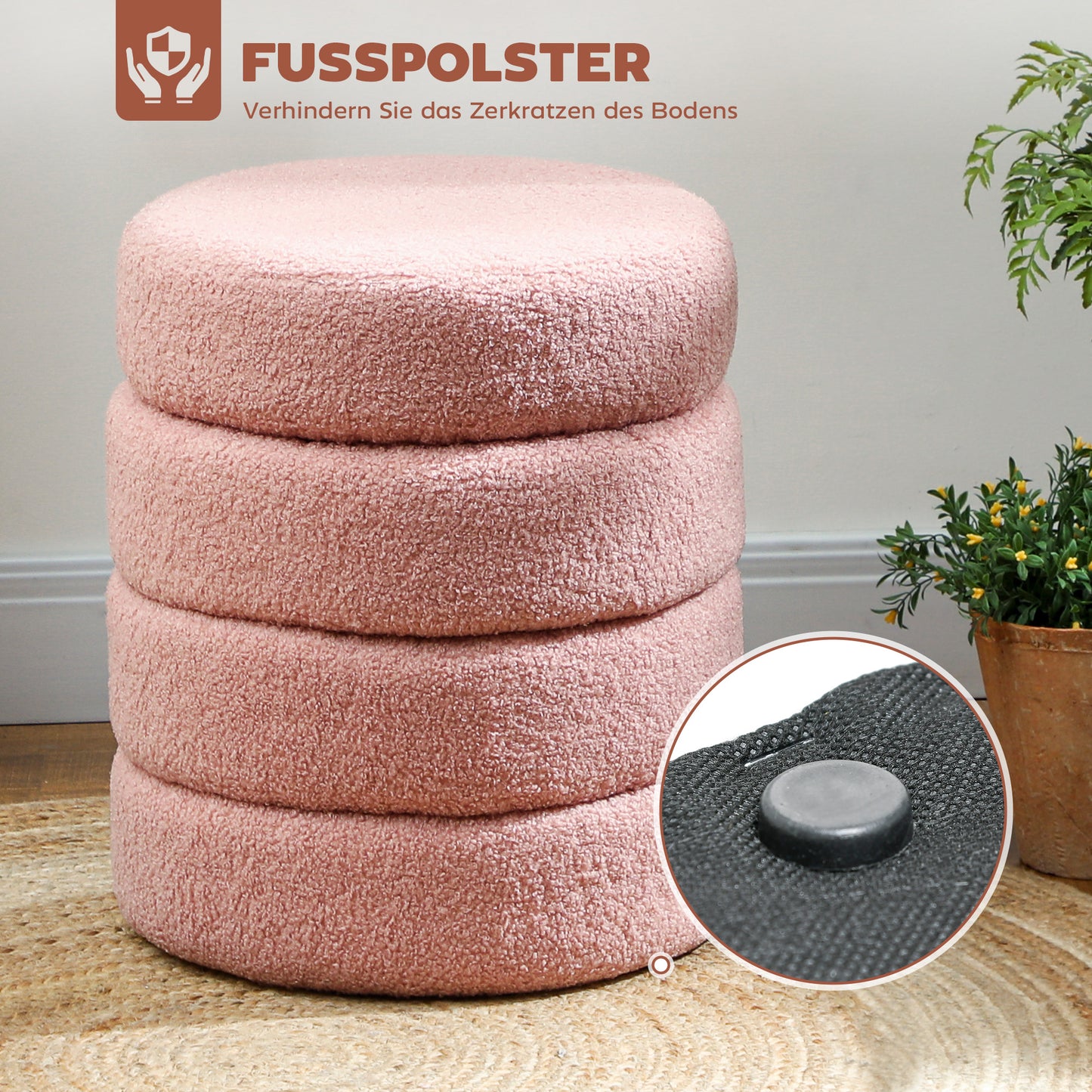 HOMCOM Hocker, rund, Teddyfleece, bis 120kg, Φ40x45H cm, Rosa