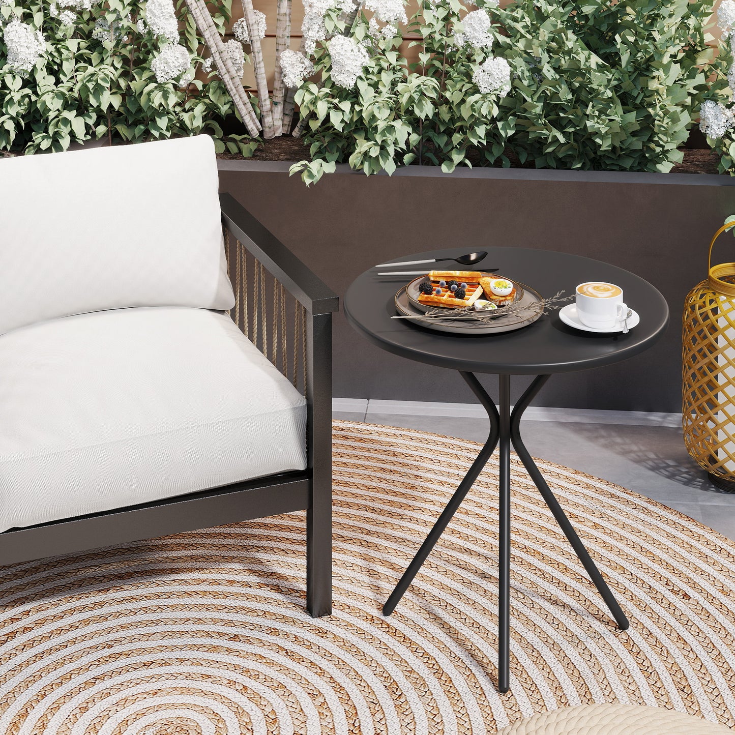 Outsunny Gartentisch Ø60 x 70 cm, Wetterfest Balkontisch aus Stahl, Runder Esstisch mit Fußpolster Schwarz