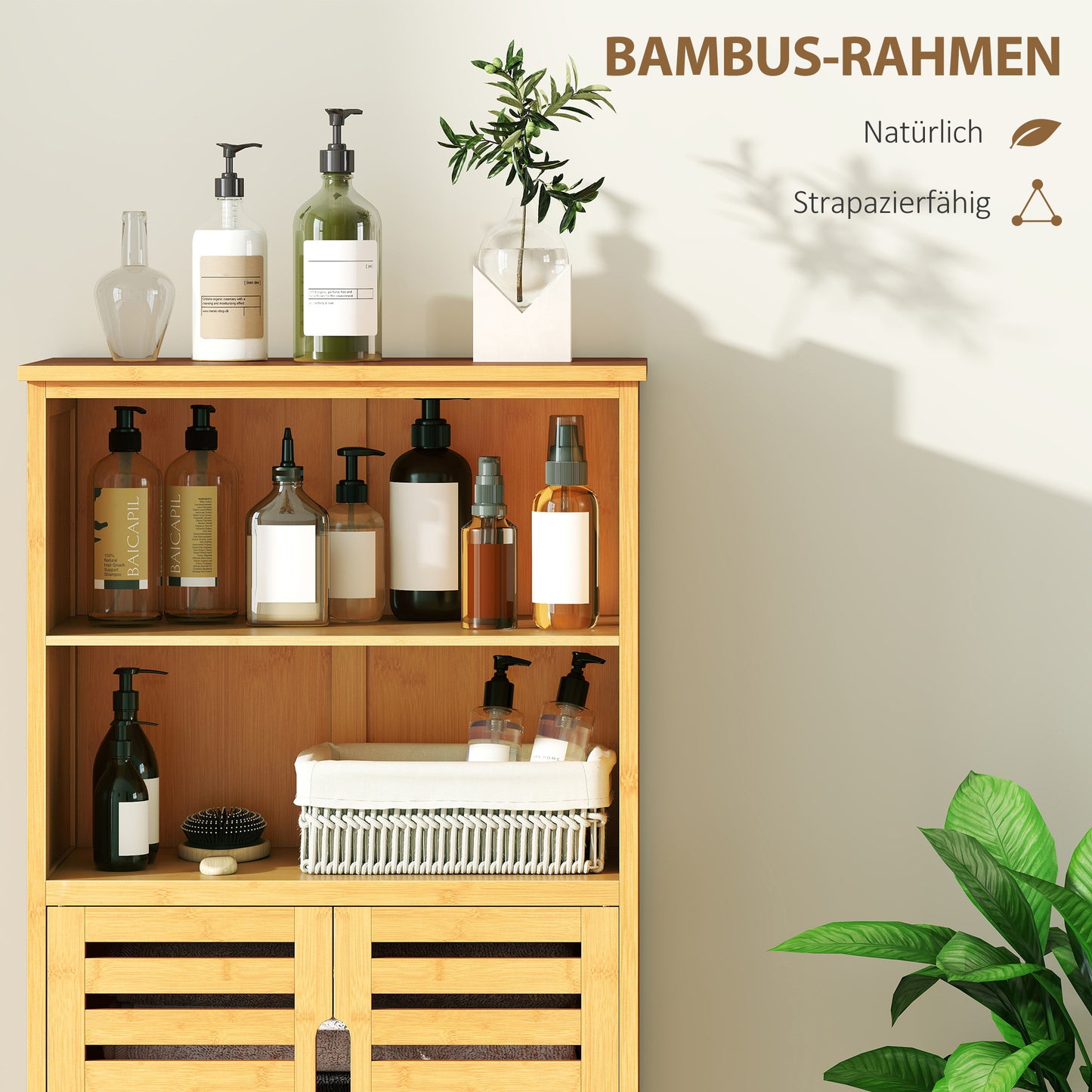 kleankin Badezimmerschrank aus Bambus, mit Lamellentüren, 2 Regale, 1 Schrank, 50 cm x 29 cm x 92 cm, Natur