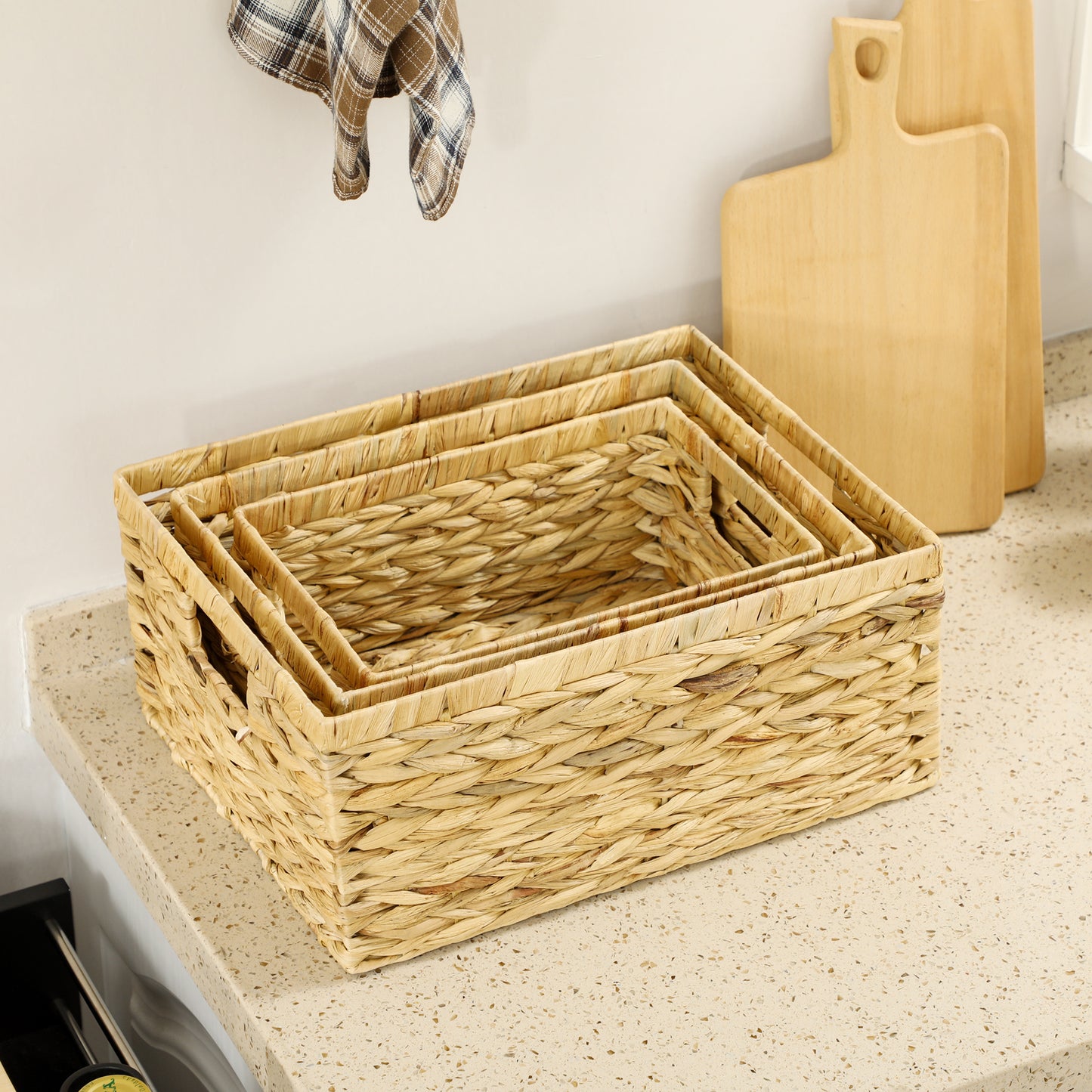 HOMCOM 3er-Set Aufbewahrungskörbe mit Griffen und Metallgestell, für Regale, Schlafzimmer Wohnzimmer, Badezimmer, Naturton