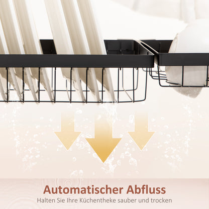 HOMCOM Abtropfgestell Geschirr, 2-stufiges Abtropfständer mit Haken, Tellerregal, Zubehör, 100 cm Stahl, Schwarz
