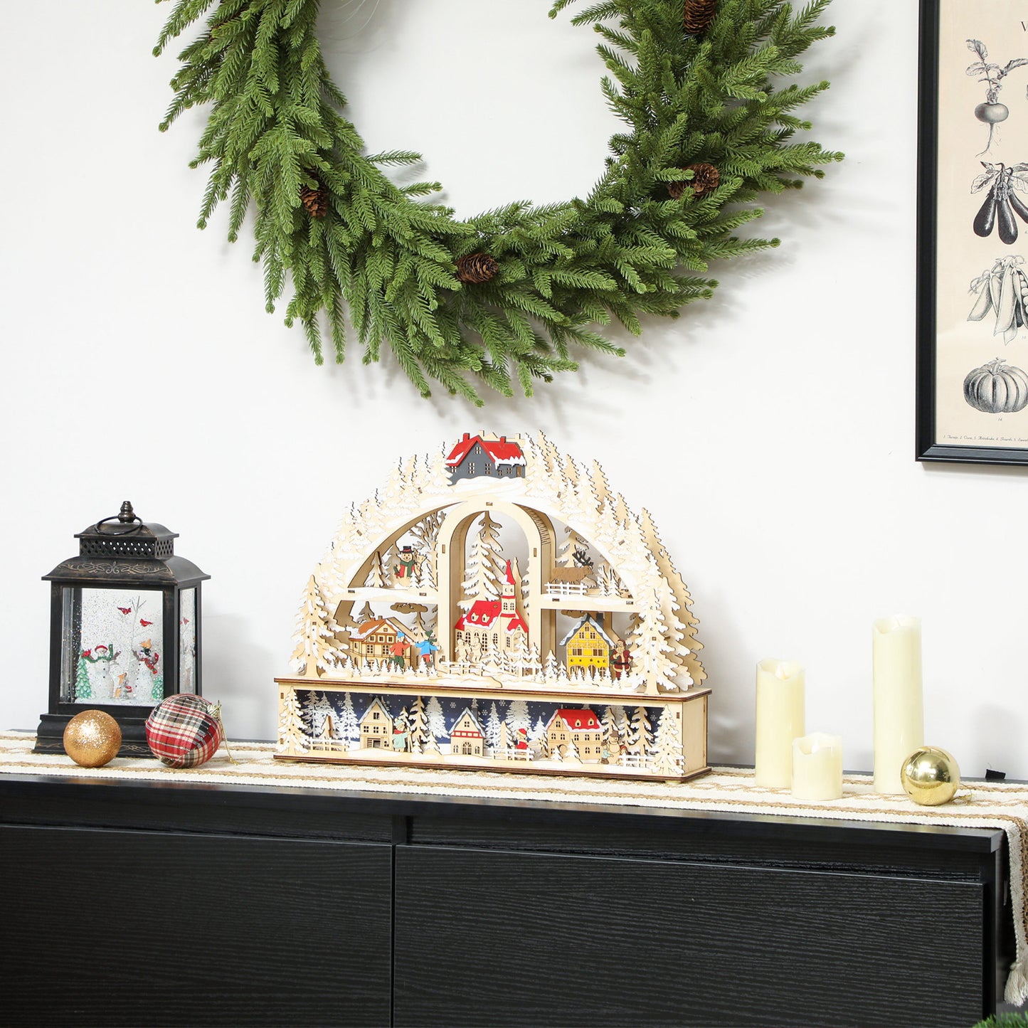 HOMCOM Weihnachtsdorf mit LED-Leuchtung, 45 cm Weihnachtsstadt mit Schneemann, Renntier und Bäume Naturholz
