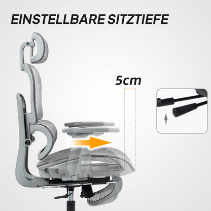 HOMCOM Bürostuhl، Ergonomischer Schreibtischstuhl mit Netzstoffbezug، verstellbar، rollbar، mit Armlehnen، Kopfstütze، Grau