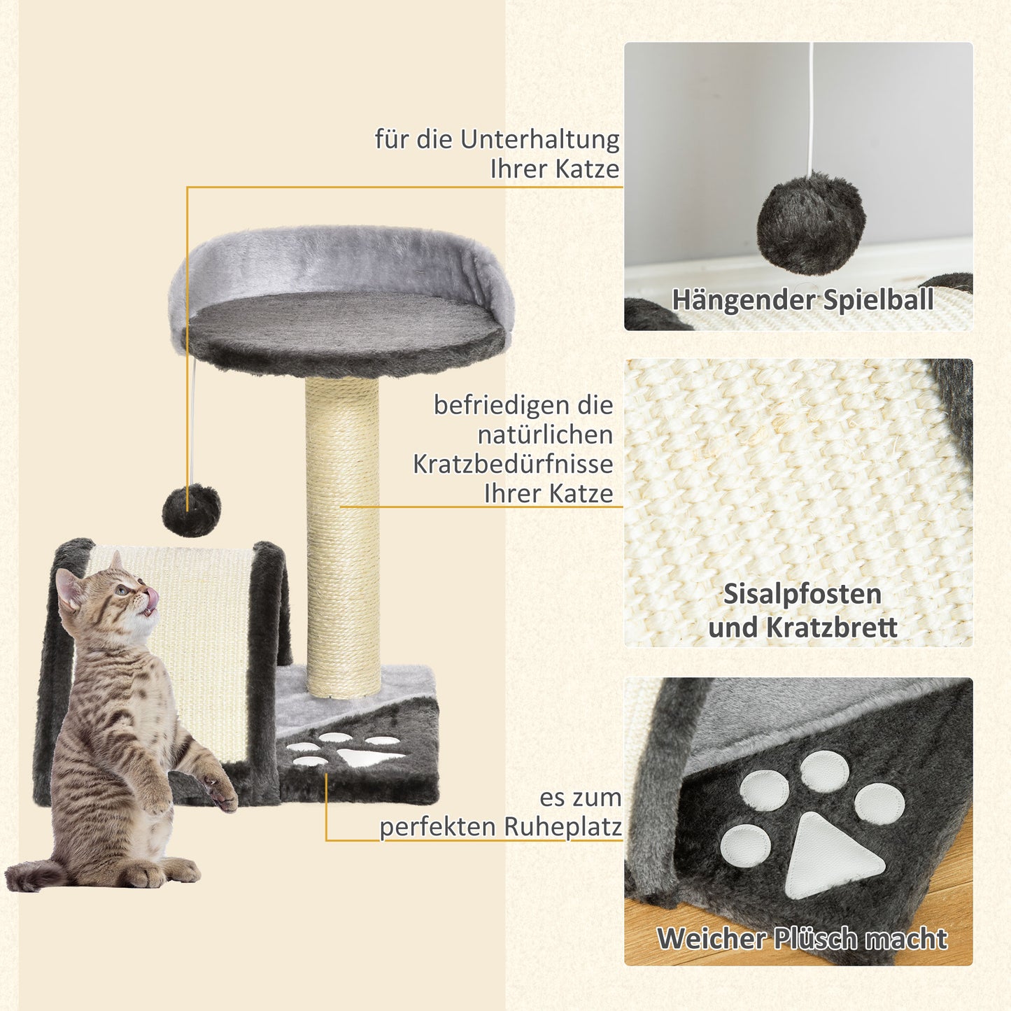 PawHut Kratzbaum 46 cm Kleiner Katzenturm mit Höhle, Spielball, Sisal-Seil, erhöhter Plattform, Katzenkratzbaum, Kletterbaum, für Katzen bis zu 4 kg, Dunkelgrau