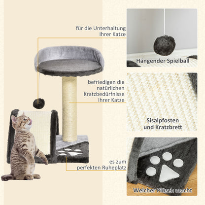 PawHut Kratzbaum 46 cm Kleiner Katzenturm mit Höhle, Spielball, Sisal-Seil, erhöhter Plattform, Katzenkratzbaum, Kletterbaum, für Katzen bis zu 4 kg, Dunkelgrau