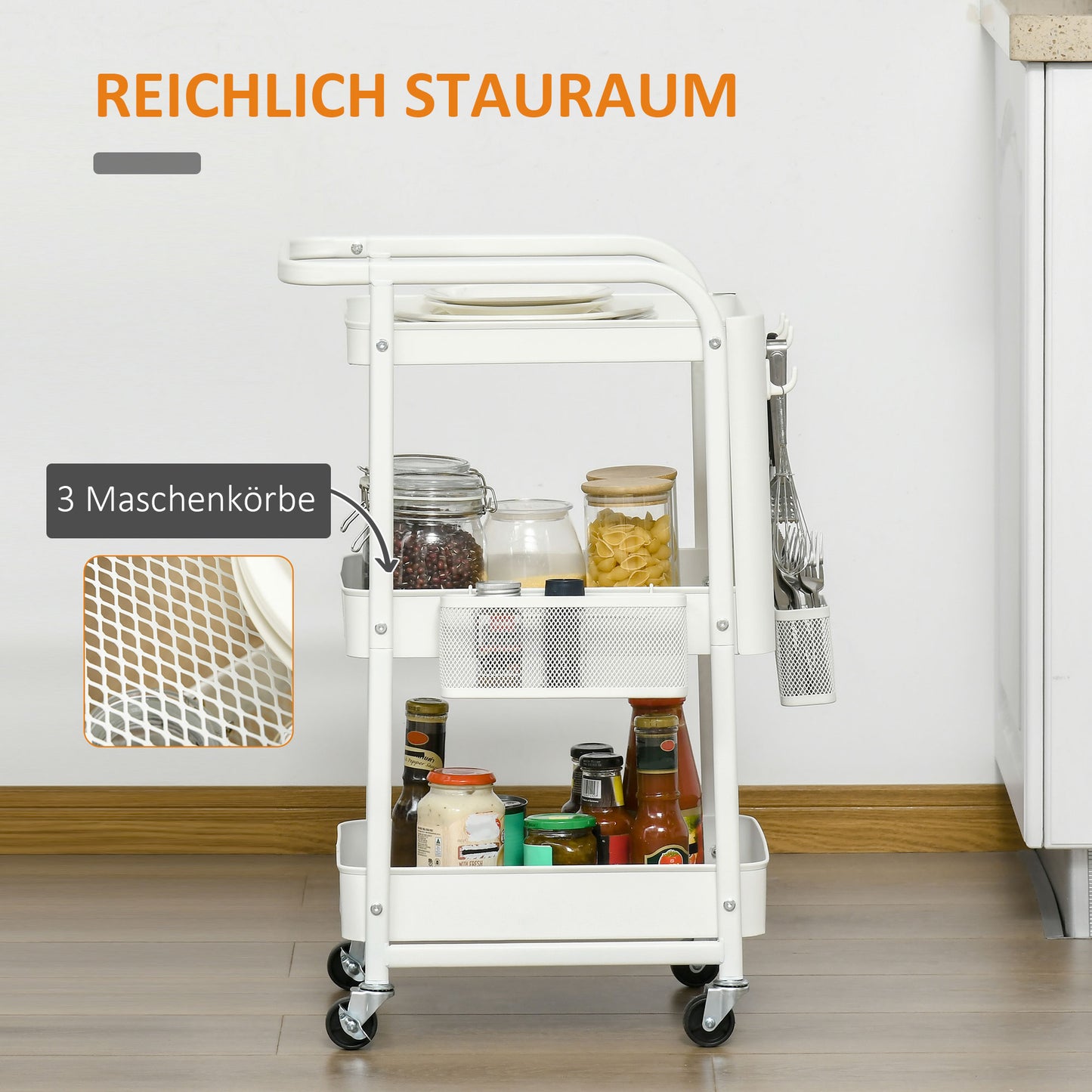 HOMCOM Küchentrolley med Lochtafel, Handtuchhaltern och Aufbewahrungskörben, 51,5 cm x 32 cm x75,6 cm, Weiß