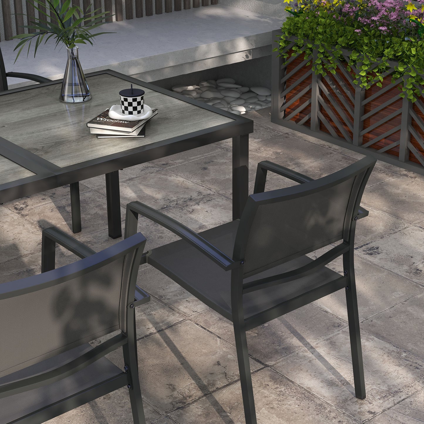 Outsunny Gartenmöbel-Set Gartensitzgruppe, 1 Tisch, 4 Stühle, 150 x 87 x 72 cm, Grau