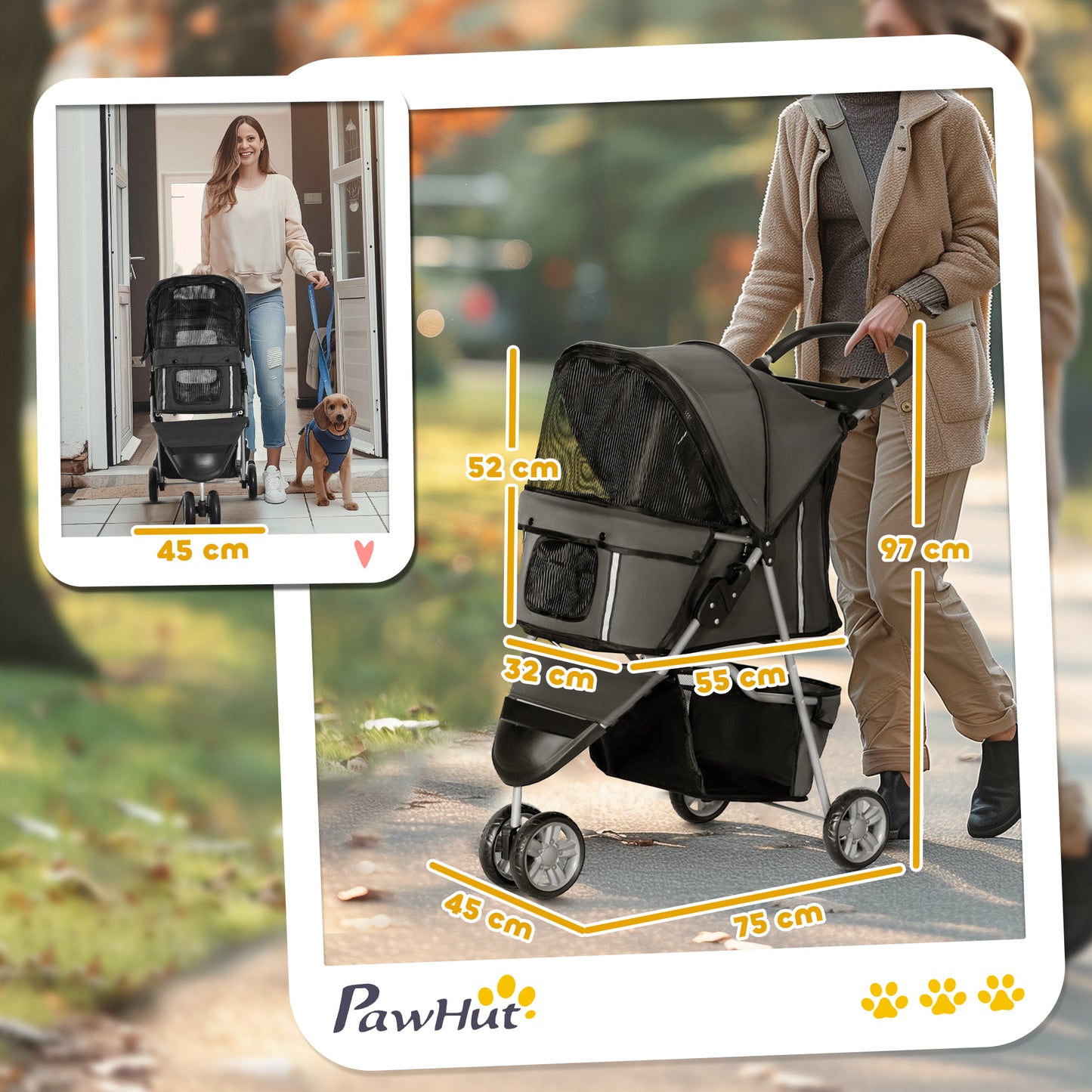 PawHut Hundewagen Hundebuggy klappbar für Hunde & Katzen bis 10 kg 75 x 45 x 97 cm Dunkelgrau
