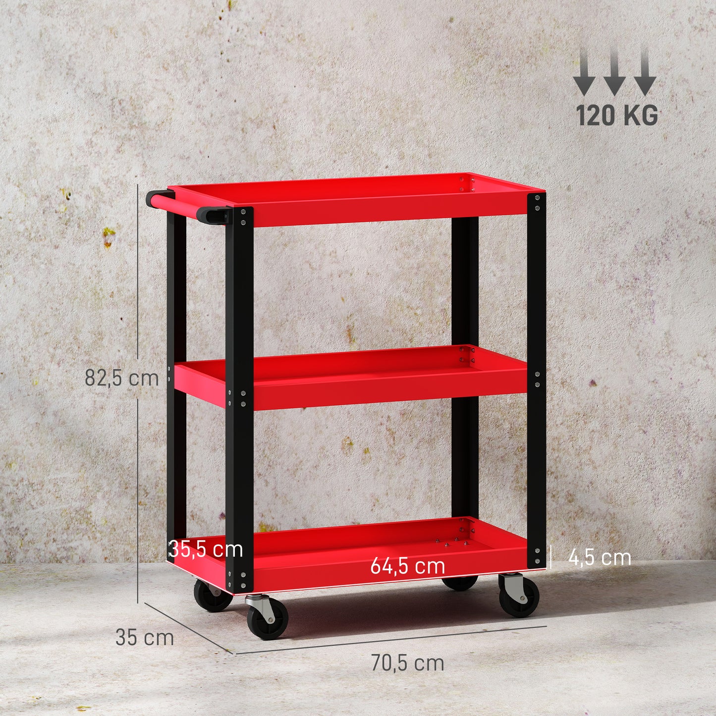 HOMCOM Werkzeugwagen mit 3 Ebenen, Metallrahmen, 120 kg Belastbarkeit, Rollen, Griff, Rot