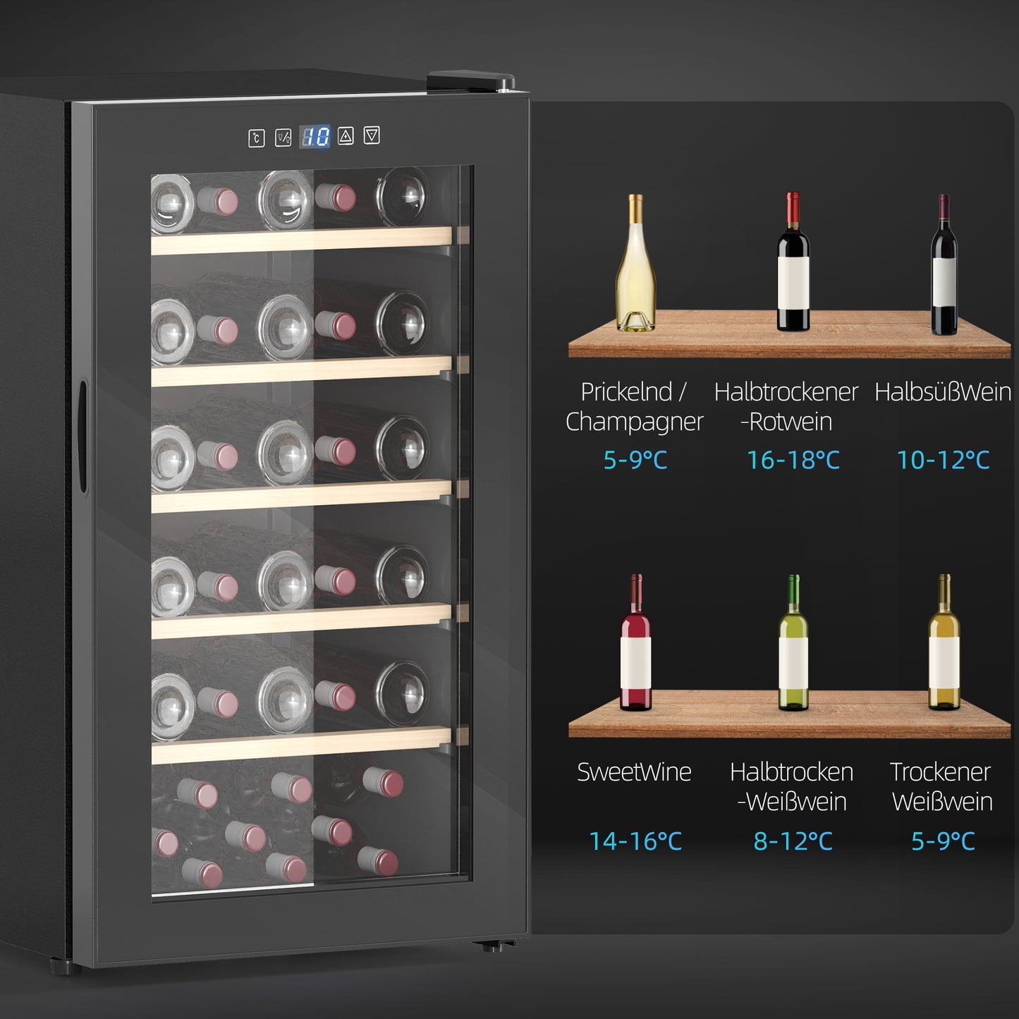 HOMCOM Weinkühlschrank für 41 Weinflaschen, 91 Liter Kapazität, Getränkekühlschrank mit LED-Anzeige, Touchscreen, Schwarz