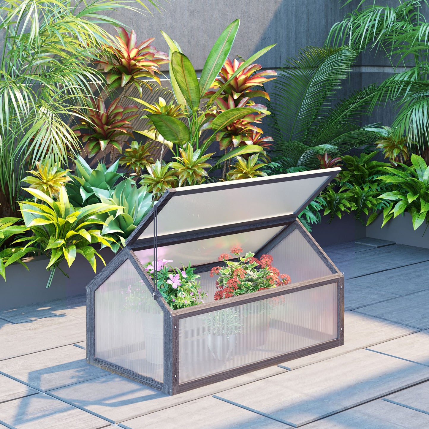 Outsunny Mini-Gewächshaus, Kompaktes Pflanzenhaus aus Holz, Polycarbonat-Platten, Belüftungsöffnung, 90L x 52B x 49,5H cm, Grau