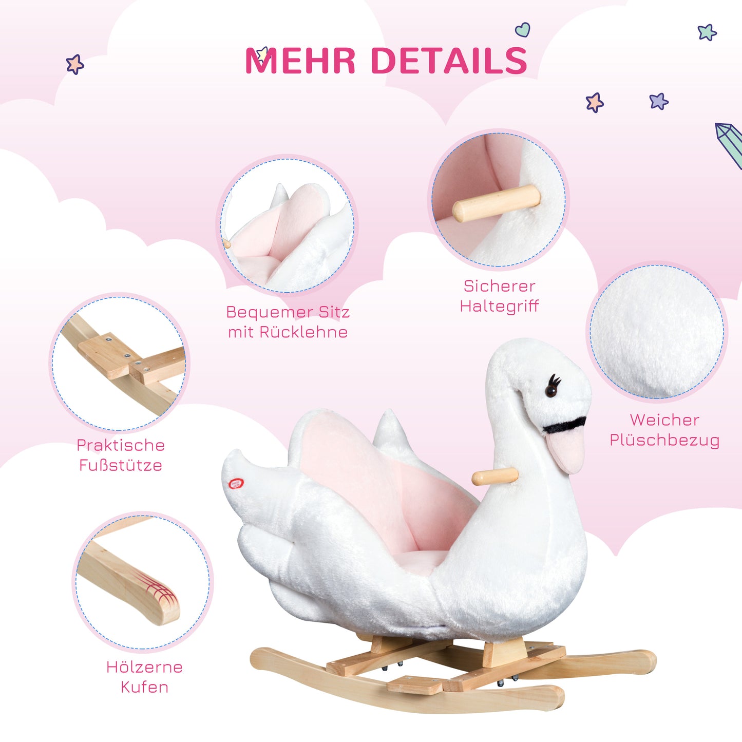 HOMCOM Schaukeltier Schaukelpferd mit Sicherheitsgurt Musik, 55 cm Baby Schaukel aus weichem Plüsch Schaukelspielzeug Spielzeug Wippe für Baby Kinder Kleinkinder ab 18 Monate Holz