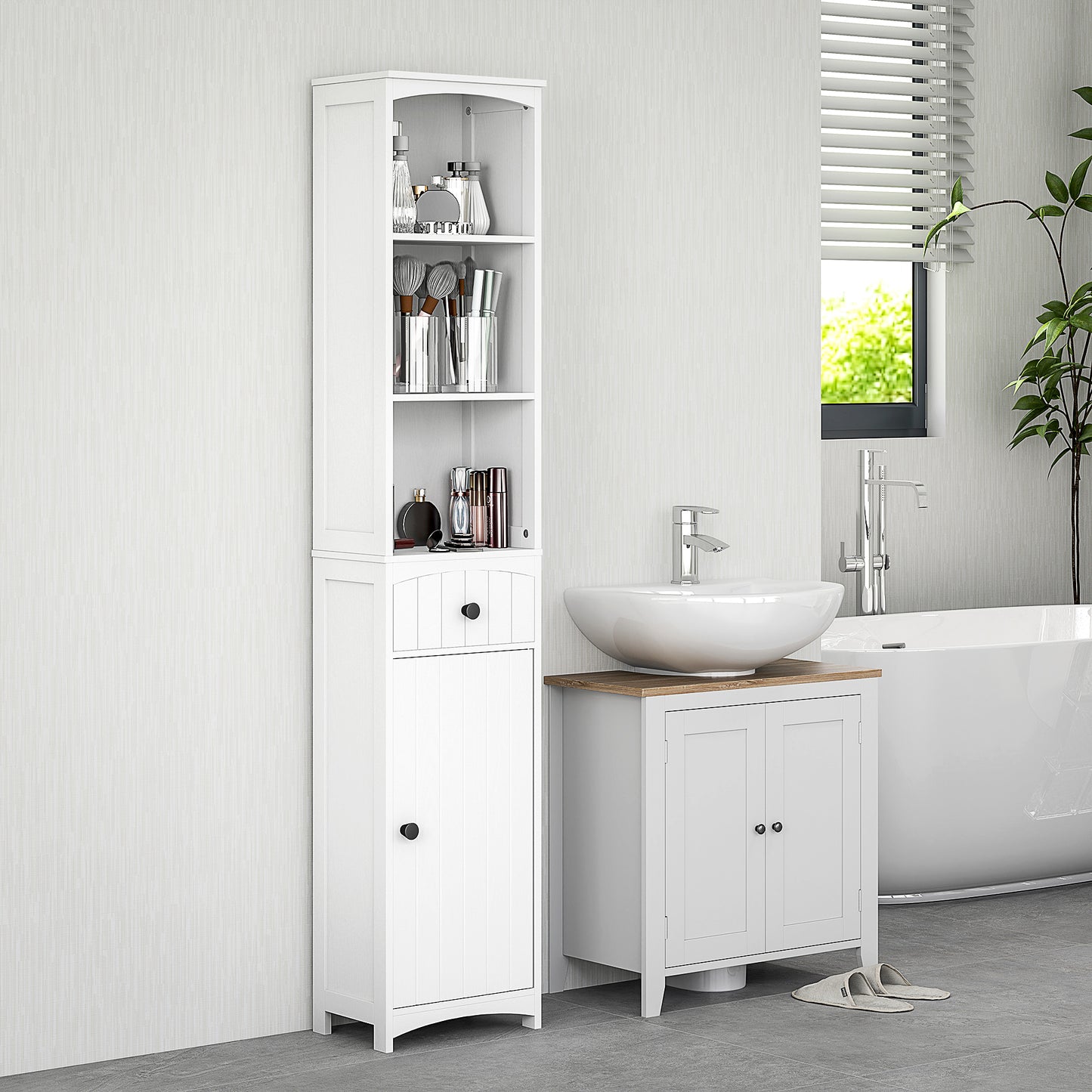 HOMCOM Badezimmerschrank mit 3 Regalen, 1 Schublade, robust, MDF, Weiß